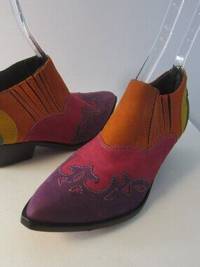 Vtg NEW Circle S Women 8.5 Purple Pink Orange Green Leather Western Boots Bootie